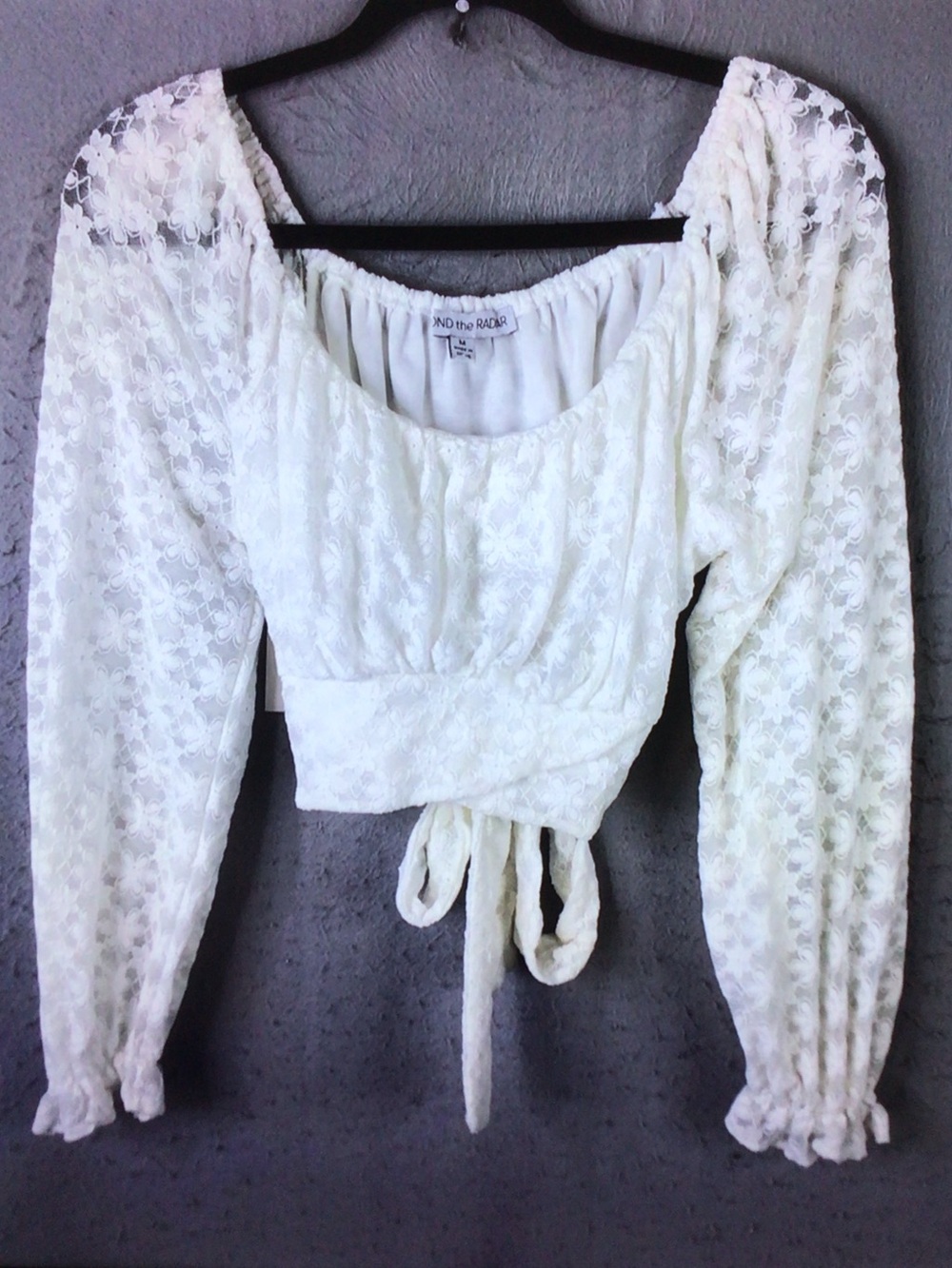 Beyond The Radar Ivory Lace Tie-Front Puff Sleeve Blouse